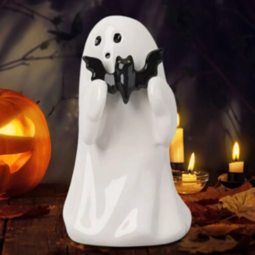 Ceramic‎ White Ghost Holding Bat Halloween Figurine Collectible